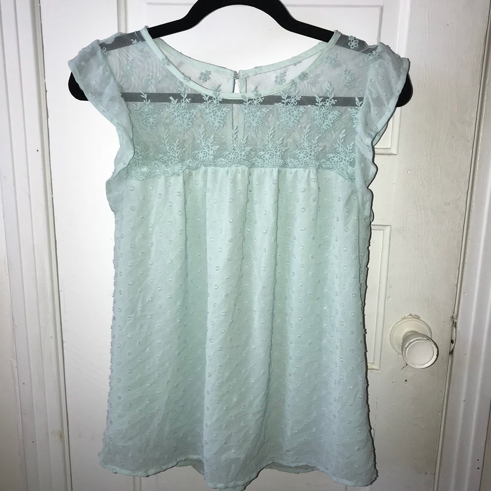 Mint Green Floral/Lace Flutter Sleeve Blouse